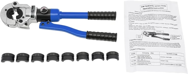 Hydrauliset putkipuristuspihdit - V-profiili - 12–28 mm - 80 kN - 360° kääntyvä pää - Voimaa säästävä kahva - Tummansininen