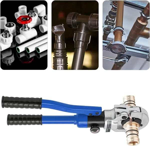 Hydrauliset putkipuristuspihdit - V-profiili - 12–28 mm - 80 kN - 360° kääntyvä pää - Voimaa säästävä kahva - Tummansininen
