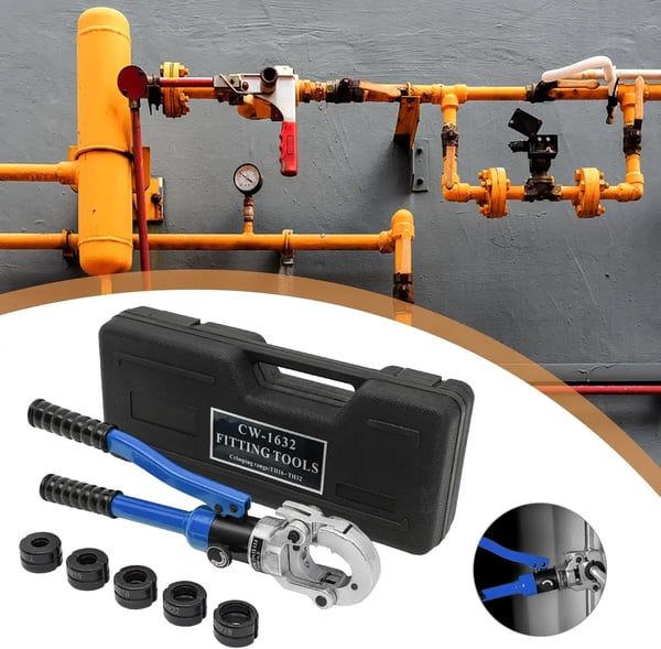 Hydrauliset putkipuristuspihdit - V-profiili - 12–28 mm - 80 kN - 360° kääntyvä pää - Voimaa säästävä kahva - Tummansininen