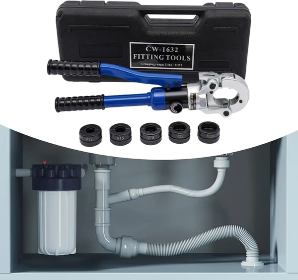 Hydrauliset putkipuristuspihdit - V-profiili - 12–28 mm - 80 kN - 360° kääntyvä pää - Voimaa säästävä kahva - Tummansininen