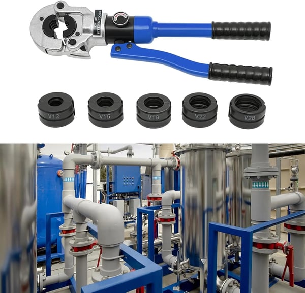 Hydrauliset putkipuristuspihdit - V-profiili - 12–28 mm - 80 kN - 360° kääntyvä pää - Voimaa säästävä kahva - Tummansininen