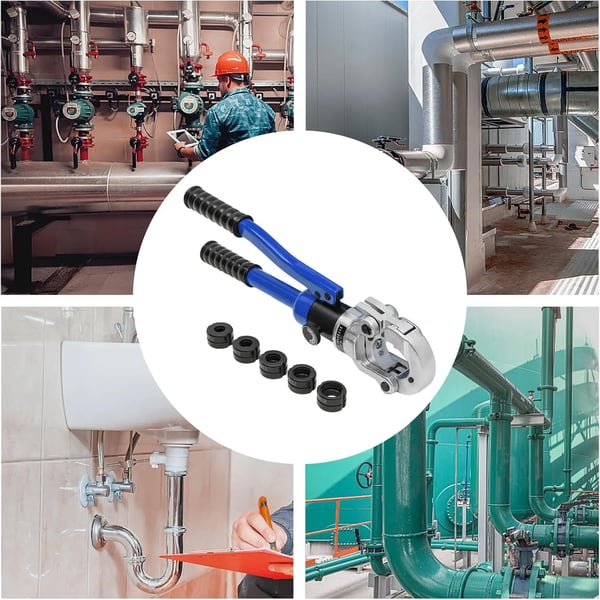 Hydrauliset putkipuristuspihdit - V-profiili - 12–28 mm - 80 kN - 360° kääntyvä pää - Voimaa säästävä kahva - Tummansininen