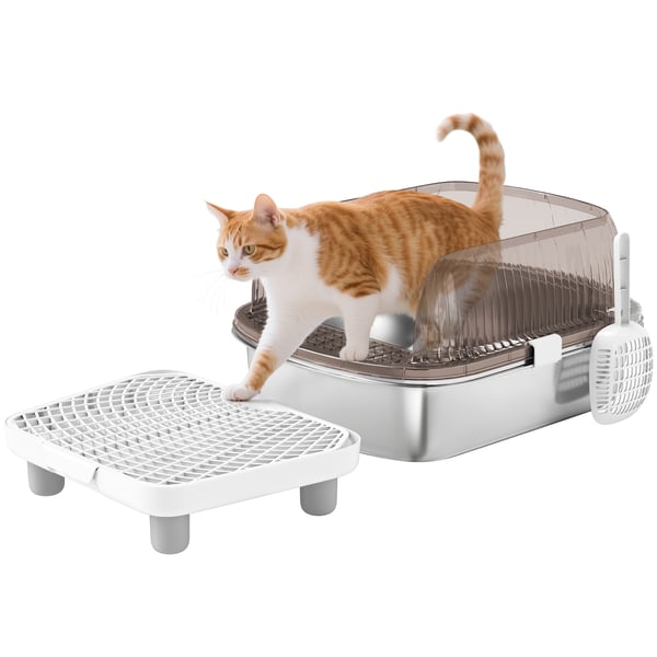 Kattlåda - Med lock - Bricka i rostfritt stål, ABS - Höga kanter - Spade ingår - Steg och sandavskiljningsyta - 53×42×27 cm - Grå