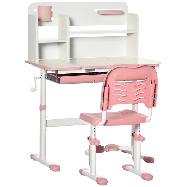 Barnskrivbord och stol - Set - Höjdjusterbara bord och stol - Lutbar bordsskiva - För 3+ år - Bord 80×52 cm - Rosa