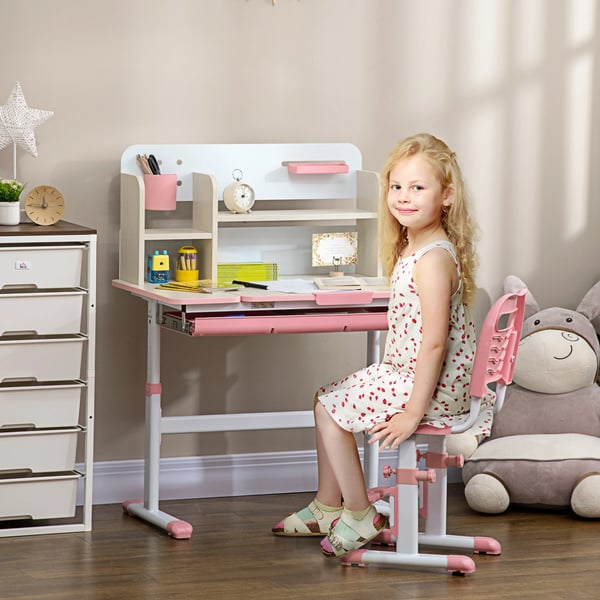 Barnskrivbord och stol - Set - Höjdjusterbara bord och stol - Lutbar bordsskiva - För 3+ år - Bord 80×52 cm - Rosa