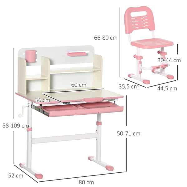 Barnskrivbord och stol - Set - Höjdjusterbara bord och stol - Lutbar bordsskiva - För 3+ år - Bord 80×52 cm - Rosa