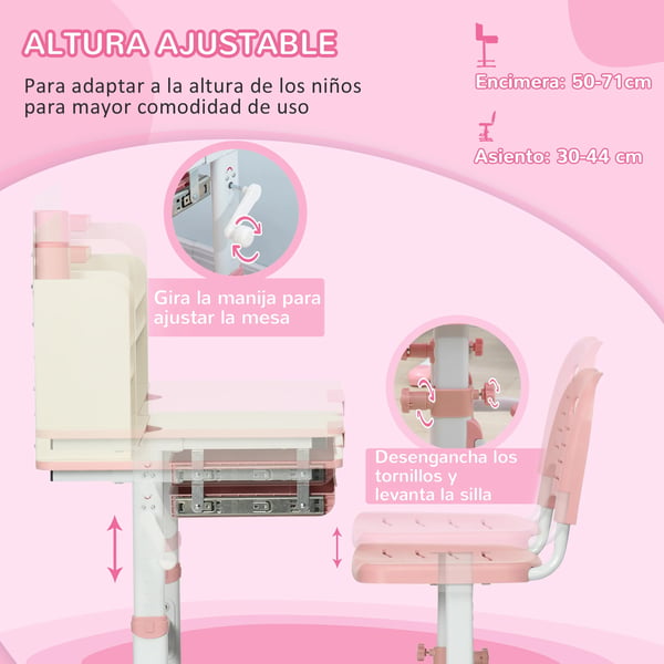 Barnskrivbord och stol - Set - Höjdjusterbara bord och stol - Lutbar bordsskiva - För 3+ år - Bord 80×52 cm - Rosa