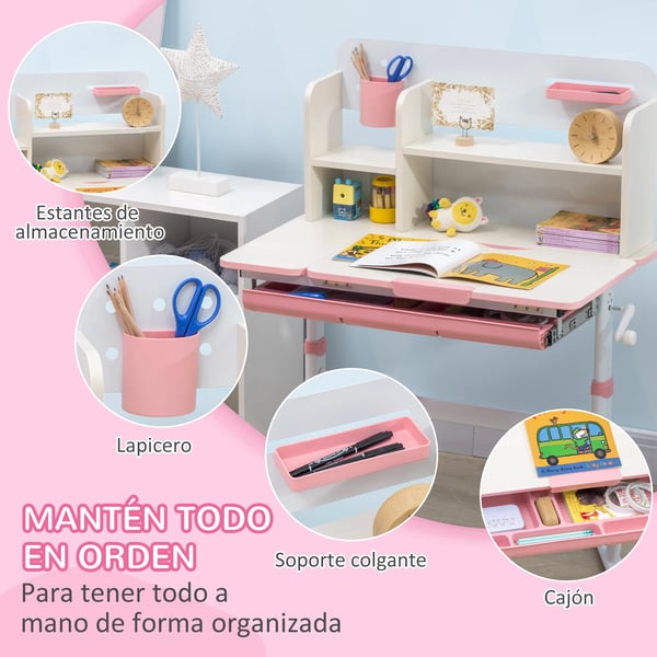 Barnskrivbord och stol - Set - Höjdjusterbara bord och stol - Lutbar bordsskiva - För 3+ år - Bord 80×52 cm - Rosa
