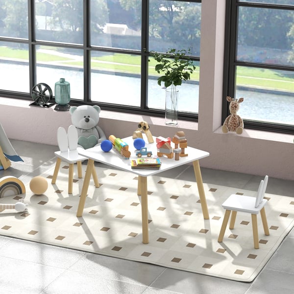 Barnbord & stolar - Set - Ryggstöd med kaninöron - 60×60×44 cm - MDF & furu - För barnrum/lekrum - Enkel montering - Vit