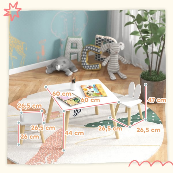 Barnbord & stolar - Set - Ryggstöd med kaninöron - 60×60×44 cm - MDF & furu - För barnrum/lekrum - Enkel montering - Vit