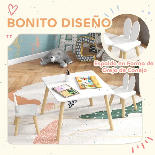 Barnbord & stolar - Set - Ryggstöd med kaninöron - 60×60×44 cm - MDF & furu - För barnrum/lekrum - Enkel montering - Vit
