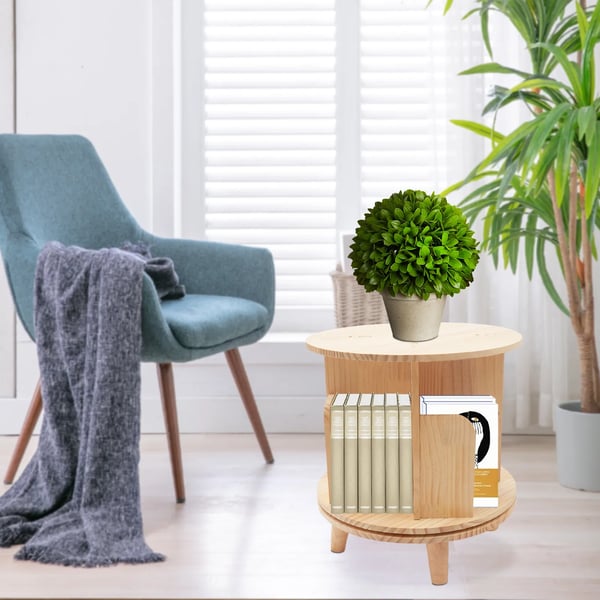 Roterende bogreol - Gulvstående bogreol - 360° drejbar - Cylindrisk - Fyrretræ - 46×46×31 cm - Max 50 kg - Natur