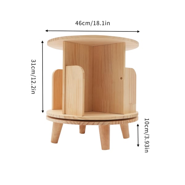 Roterende bogreol - Gulvstående bogreol - 360° drejbar - Cylindrisk - Fyrretræ - 46×46×31 cm - Max 50 kg - Natur