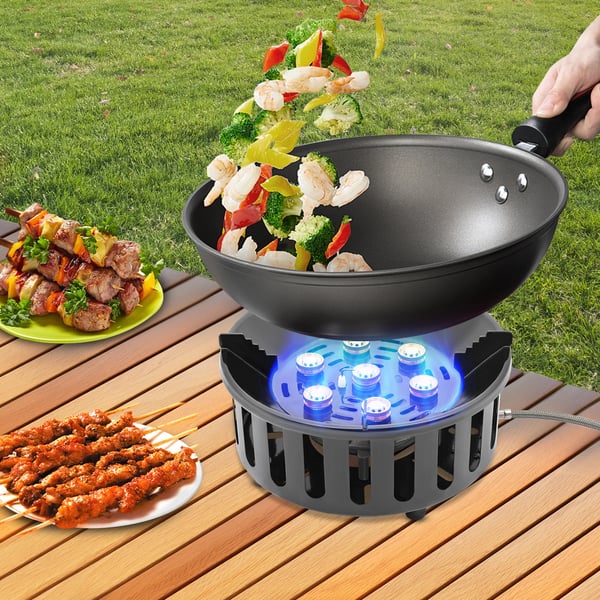 Campingkomfur - 7-kernet gasbrænder - 21000 W/72000 BTU - Elektronisk tænding - 1,5 m slange - 3 adaptere - Stål/Alu/Kobber - Bærbar