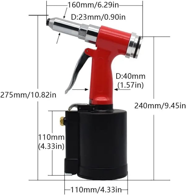 Pneumatisk blindnitte-/popnittepistol - Trykluft nitteværktøj - 3,2–6,4 mm - Med dyser - Rød