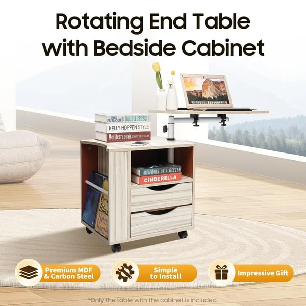 Roterende sidebord - Sofabord/Natbord - Drejeligt 360°, 180° Op/Ned - E1 MDF & Kulstofstål - Tophylde Max 20 kg - Hvid