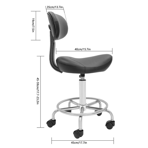 Ergonomisk sadelstol - Frisør-/barstol - Med ryglæn - 360° Drejbar - Højdejusterbar 46–58 cm - Rustfrit stål - Sort
