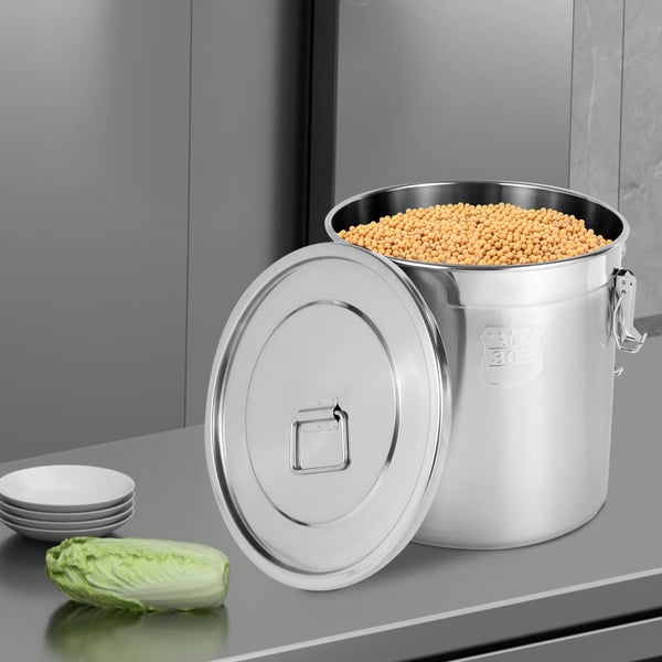 Fødevarebeholder - Korn-/Risspand 33 L - 304 Rustfrit Stål - Lufttæt Silikonepakning Med Låg - Cylindrisk - Sølv