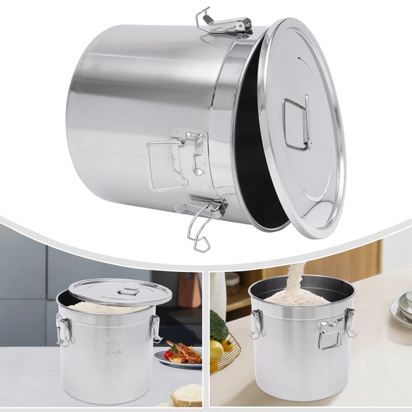 Fødevarebeholder - Korn-/Risspand 33 L - 304 Rustfrit Stål - Lufttæt Silikonepakning Med Låg - Cylindrisk - Sølv