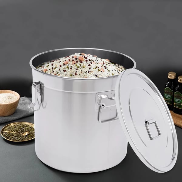 Fødevarebeholder - Korn-/Risspand 33 L - 304 Rustfrit Stål - Lufttæt Silikonepakning Med Låg - Cylindrisk - Sølv