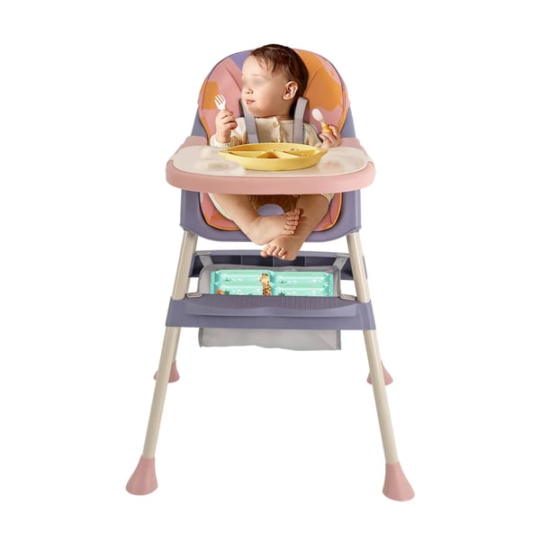Babymatstol 4-i-1 - Högstol - Fällbar - Portabel - Avtagbar dubbelbricka - Med fotstöd - För 1–2 år - Rosa
