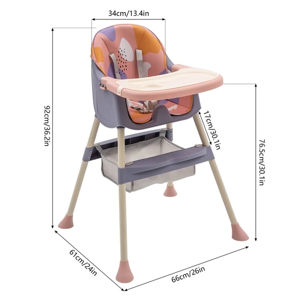 Babystol 4-i-1 - Højstol - Sammenklappelig - Bærbar - Aftagelig dobbeltbakke - Med fodstøtte - Til 1–2 år - Pink
