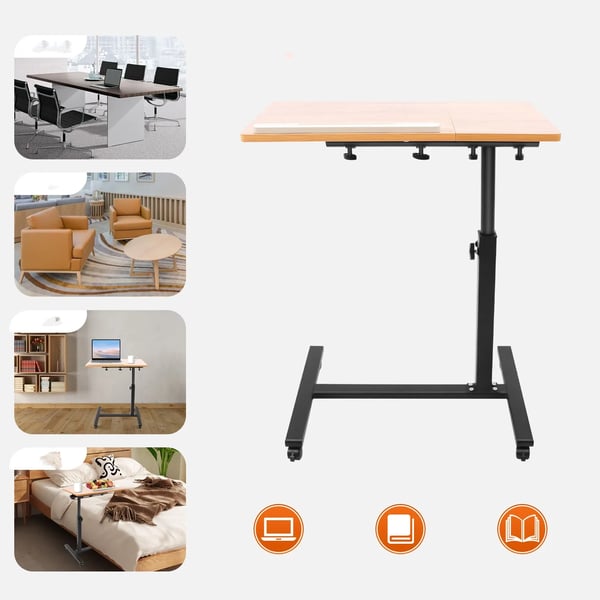 Mobilt laptopbord - Rullende computerbord - Højdejusterbart 58–90 cm - Rotation 360° - Vippbar bordplade - Rektangulær - Brun træfinish