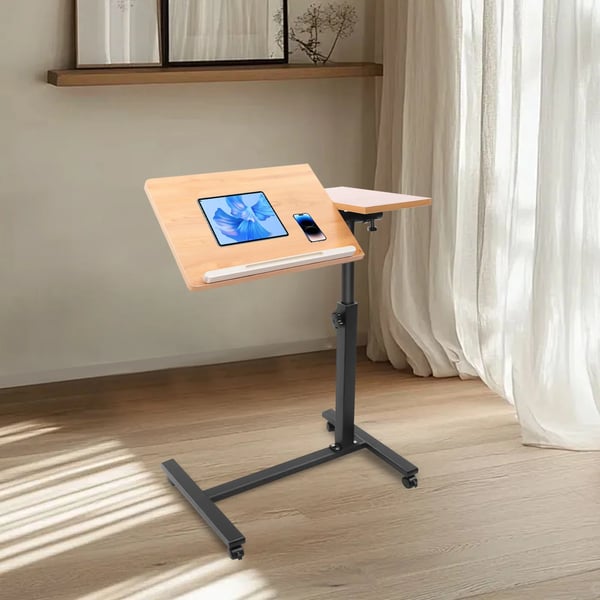 Mobilt laptopbord - Rullende computerbord - Højdejusterbart 58–90 cm - Rotation 360° - Vippbar bordplade - Rektangulær - Brun træfinish