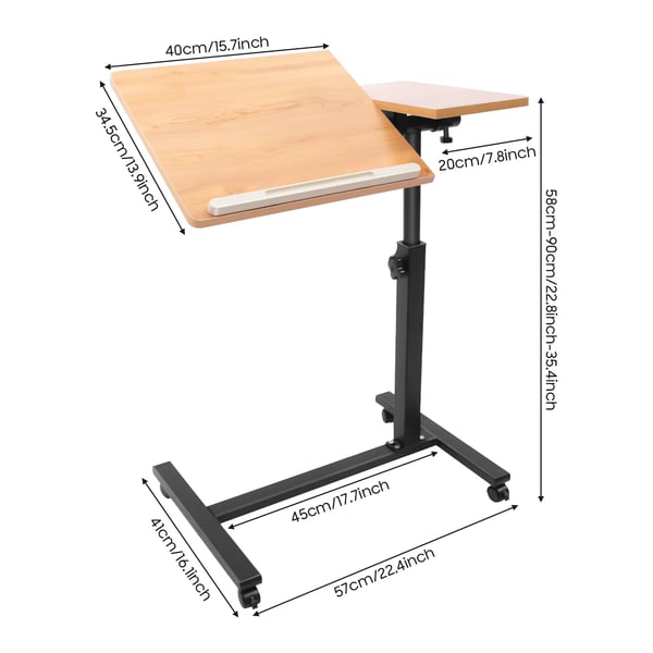 Mobilt laptopbord - Rullende computerbord - Højdejusterbart 58–90 cm - Rotation 360° - Vippbar bordplade - Rektangulær - Brun træfinish
