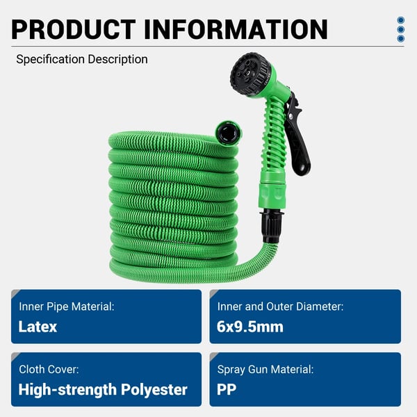 Ekspanderende haveslange - LYF-1023 Højtryk - 6×9,5 mm latex/polyester - Hurtigkoblinger - Til haner 1,27/1,91 cm - PP sprøjtepistol - Hvid