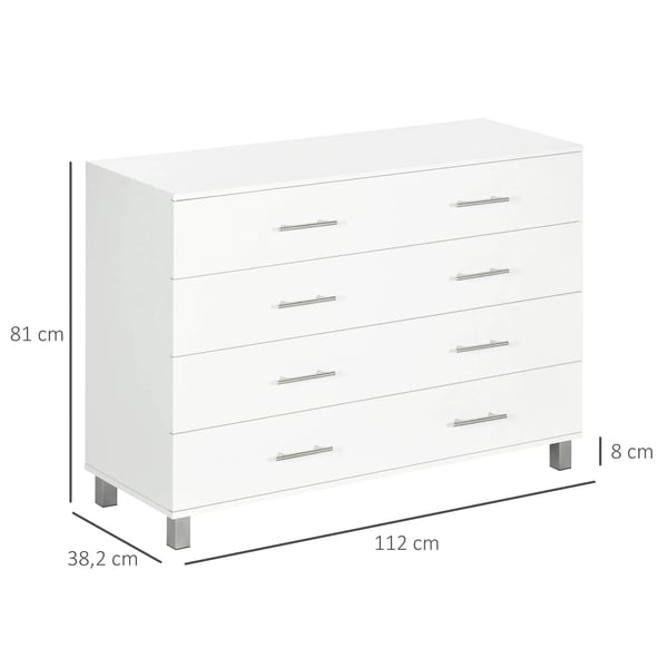 Byrå - 4 lådor - Med ben - Modern stil - 112 x 38,2 x 81 cm - Vit