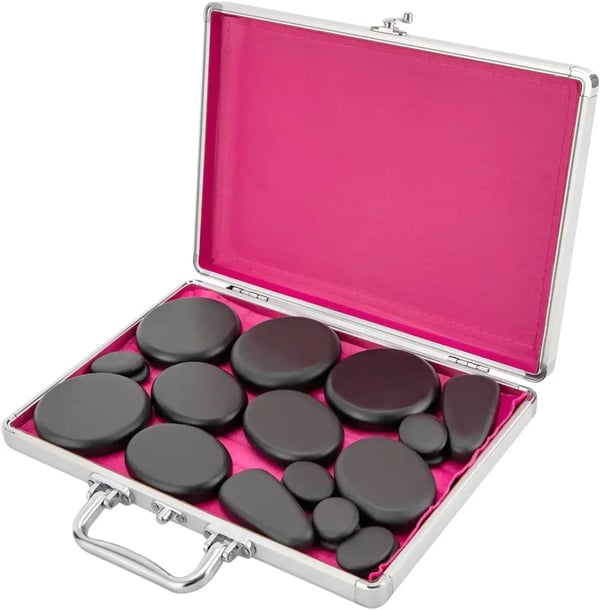 Hot stone massagesæt - 18 vulkansten med varmekasse - 60–70 °C - EU-stik 220 V - opvarmning 20–30 min - kassestørrelse 32×25×6,5 cm