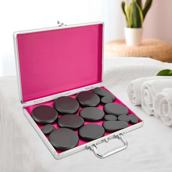 Hot stone massagesæt - 18 vulkansten med varmekasse - 60–70 °C - EU-stik 220 V - opvarmning 20–30 min - kassestørrelse 32×25×6,5 cm