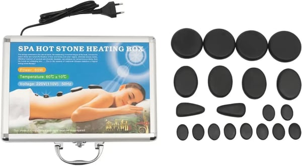 Hot stone massagesæt - 18 vulkansten med varmekasse - 60–70 °C - EU-stik 220 V - opvarmning 20–30 min - kassestørrelse 32×25×6,5 cm