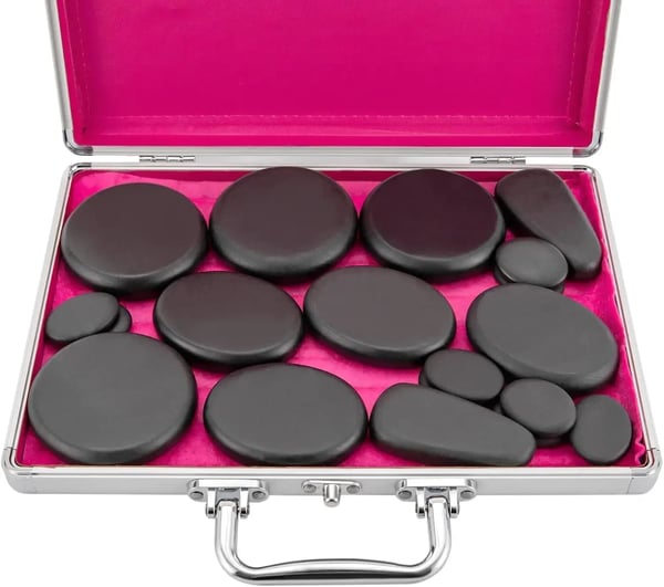 Hot stone massagesæt - 18 vulkansten med varmekasse - 60–70 °C - EU-stik 220 V - opvarmning 20–30 min - kassestørrelse 32×25×6,5 cm