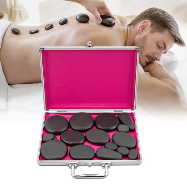Hot stone massagesæt - 18 vulkansten med varmekasse - 60–70 °C - EU-stik 220 V - opvarmning 20–30 min - kassestørrelse 32×25×6,5 cm