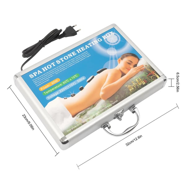 Hot stone massagesæt - 18 vulkansten med varmekasse - 60–70 °C - EU-stik 220 V - opvarmning 20–30 min - kassestørrelse 32×25×6,5 cm