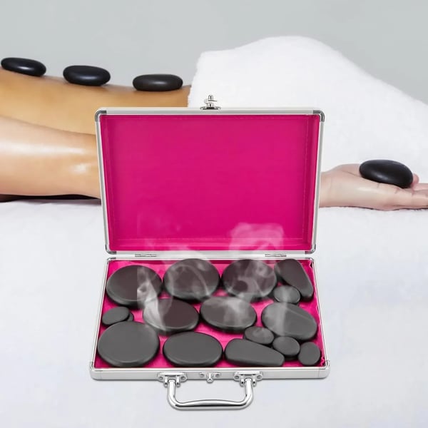 Hot stone massagesæt - 18 vulkansten med varmekasse - 60–70 °C - EU-stik 220 V - opvarmning 20–30 min - kassestørrelse 32×25×6,5 cm
