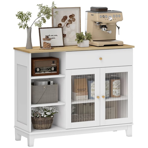 Sideboard skänk - Förvaringsskåp - 2 Glasdörrar - Låda - Öppna Fack - Justerbara Hyllor - 100×35×80,3 cm - Spånskiva - Vit