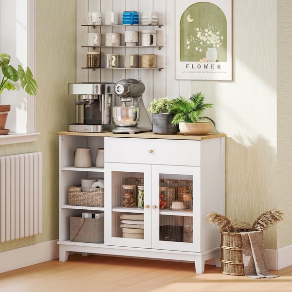 Sideboard skänk - Förvaringsskåp - 2 Glasdörrar - Låda - Öppna Fack - Justerbara Hyllor - 100×35×80,3 cm - Spånskiva - Vit