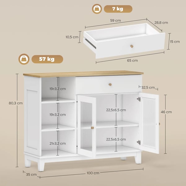 Sideboard skänk - Förvaringsskåp - 2 Glasdörrar - Låda - Öppna Fack - Justerbara Hyllor - 100×35×80,3 cm - Spånskiva - Vit