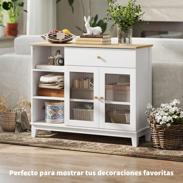 Sideboard skänk - Förvaringsskåp - 2 Glasdörrar - Låda - Öppna Fack - Justerbara Hyllor - 100×35×80,3 cm - Spånskiva - Vit