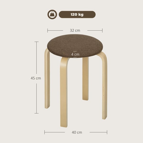 Set med 4 runda pallar - Köks- och matpallar - Stapelbara - Trä - Vadderad sits - 40x40x45 cm - Brun