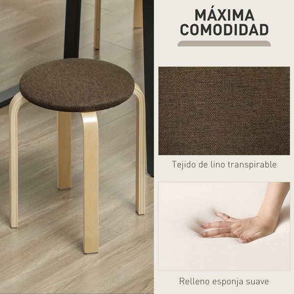 Set med 4 runda pallar - Köks- och matpallar - Stapelbara - Trä - Vadderad sits - 40x40x45 cm - Brun
