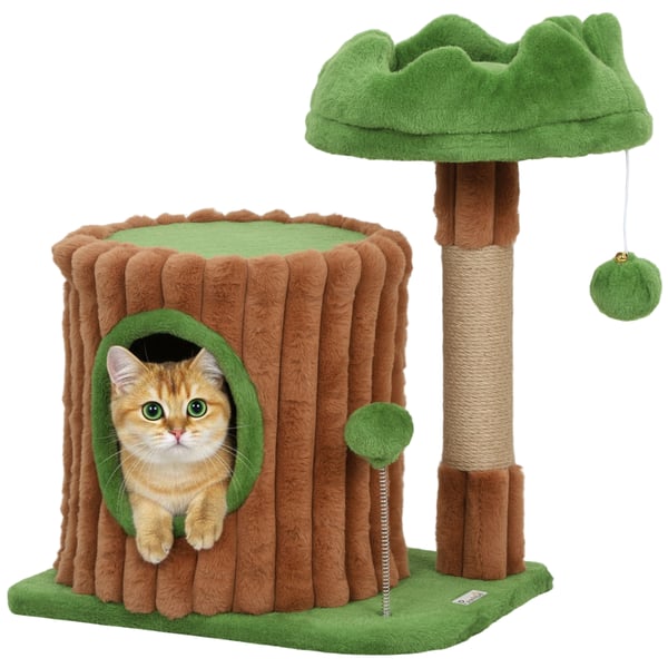 Kattklösträd - Klösstolpe - Trädstamsdesign - Sovkoja - Jutepelare - Hängande Bollar - 40×30×53 cm - Brun/Grön