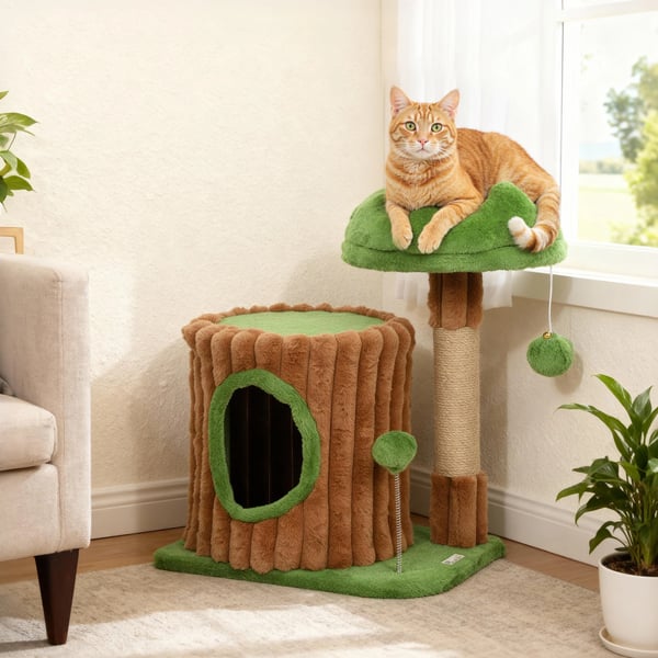 Kattklösträd - Klösstolpe - Trädstamsdesign - Sovkoja - Jutepelare - Hängande Bollar - 40×30×53 cm - Brun/Grön