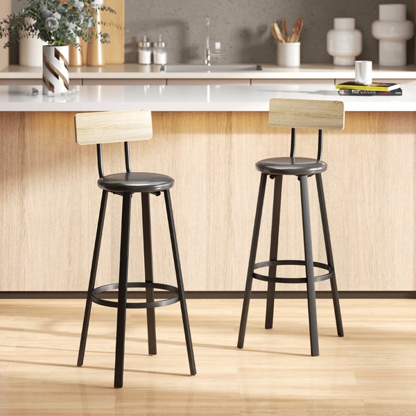 Barstolar 2-pack - Hög köksbarstol - Ryggstöd - Fotstöd - PU-lädersits - Sittshöjd 75,5 cm - Träram - Vit