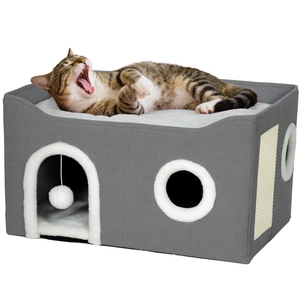 Katthus - Hopfällbar kattbädd - Klösstolpe - 3 ingångar - Hängande boll - Vändbar kudde i plysch & linne - 60×40×34 cm - Grå