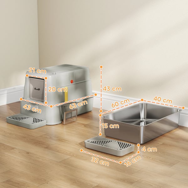 Kattlåda - XL Kattsandlåda - Rostfritt Stål & ABS - 180° Flipplock - Höga Kanter & Antispridningspedal - 63×43×43 cm - Ljusgrå