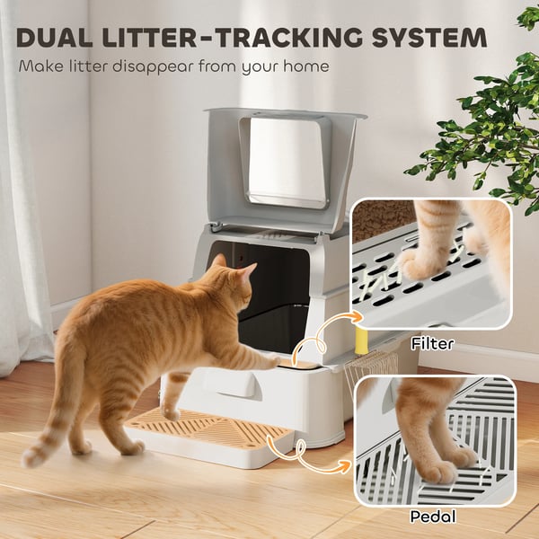 Kattlåda - XL Kattsandlåda - Rostfritt Stål & ABS - 180° Flipplock - Höga Kanter & Antispridningspedal - 63×43×43 cm - Ljusgrå